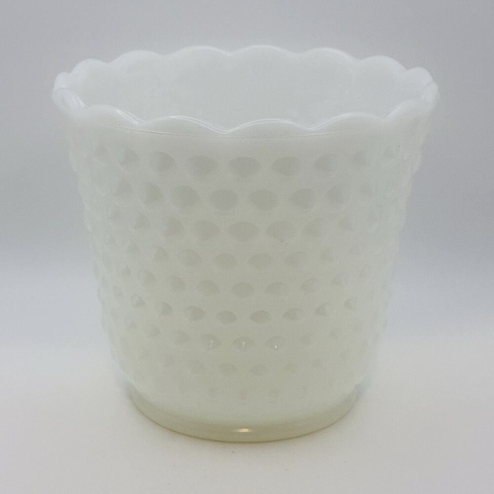 Vintage White Hobnail Glass Planter Scalloped Rim Round Glossy Bowl